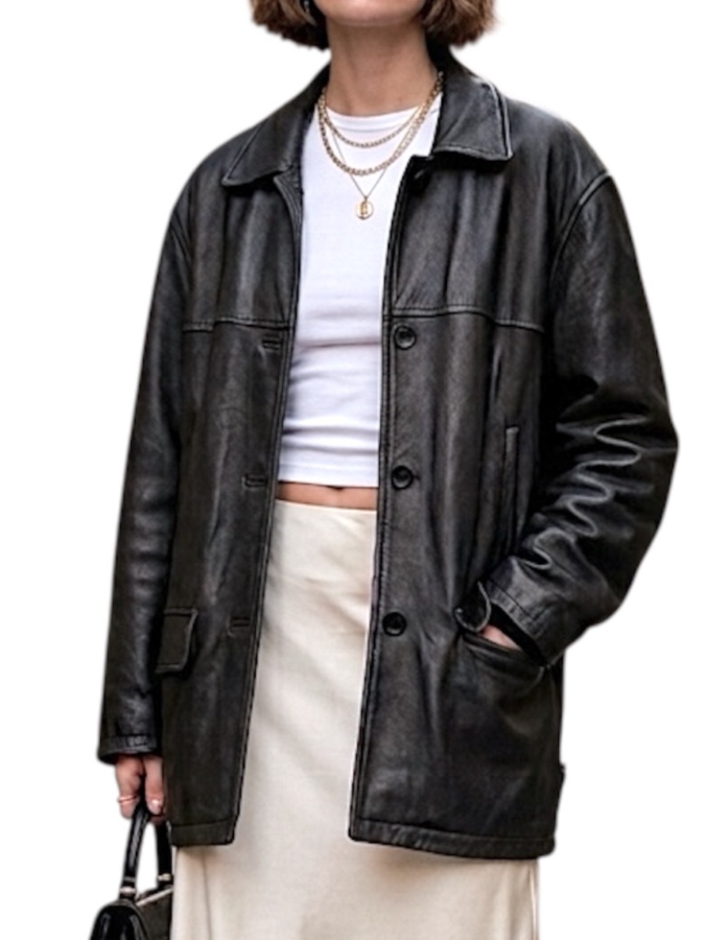 90s Y2K oversized Canadian made worn in distressed boxy black leather coat S